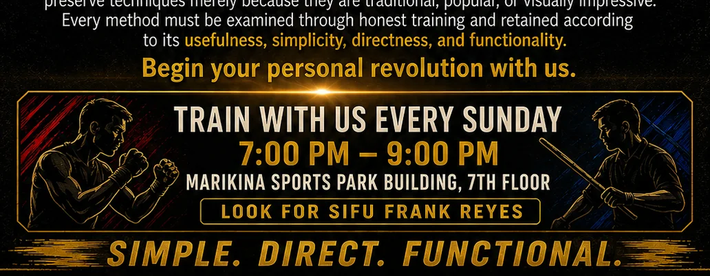 BRMAPH Sunday training invitation showing the schedule, venue, and Sifu Frank Reyes